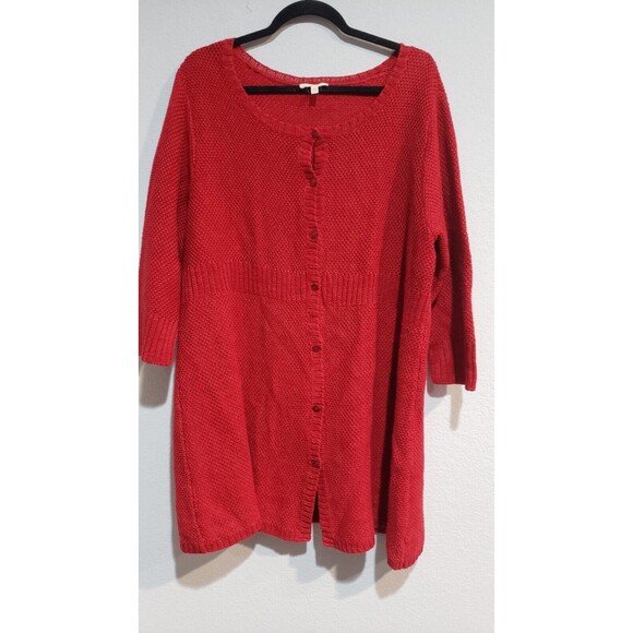 Eileen Fisher Sz XL Red Pique Knit 100% Hemp Long Cardigan Sweater Jacket - Picture 1 of 8